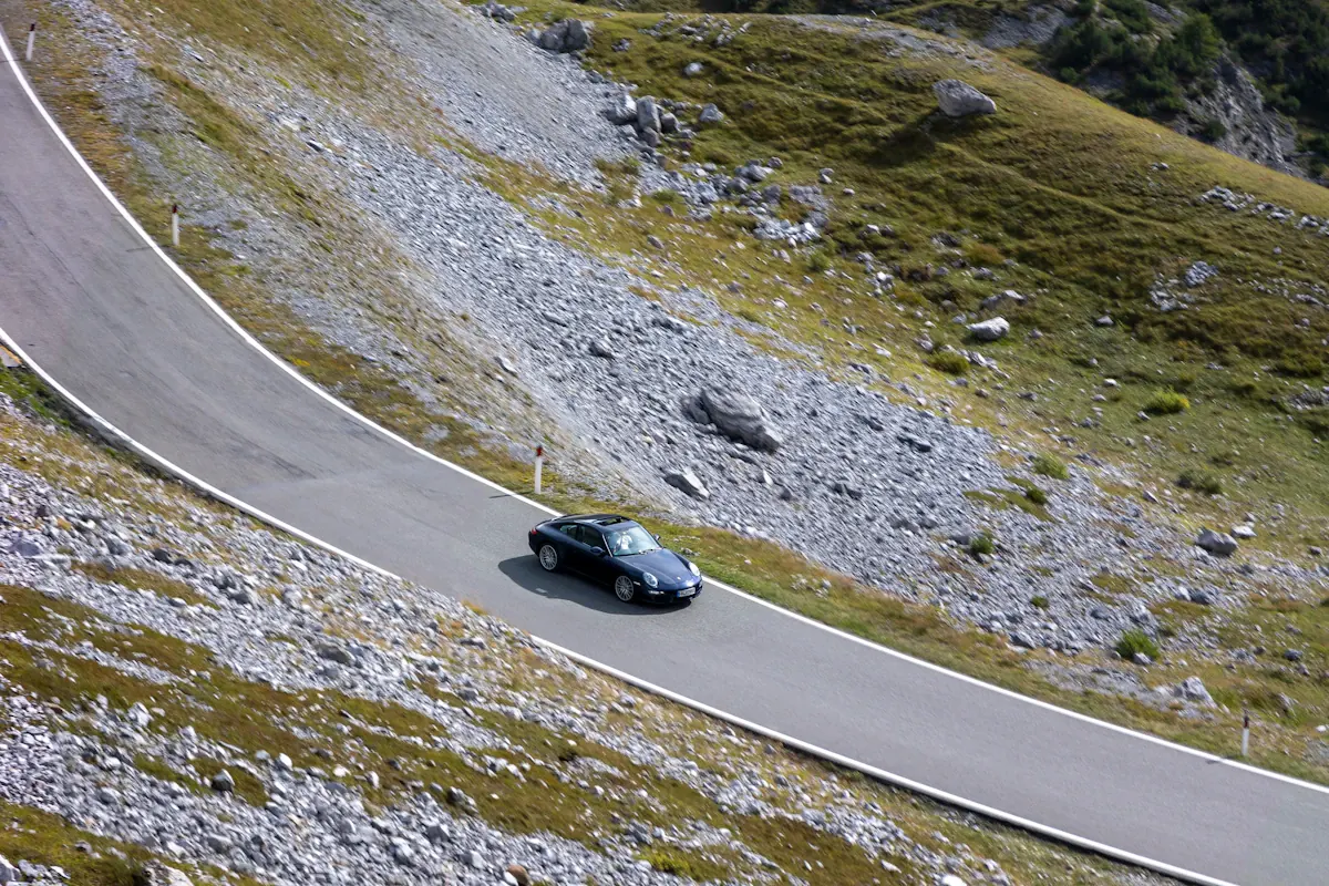 Performance car on a winding mountain road